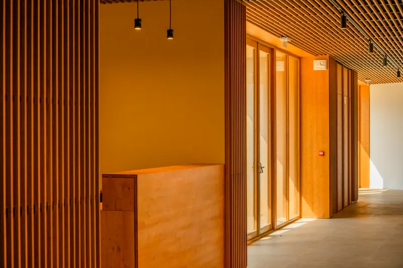 Corridor detail showing vertical timber slat partition and pendant lighting at dusk