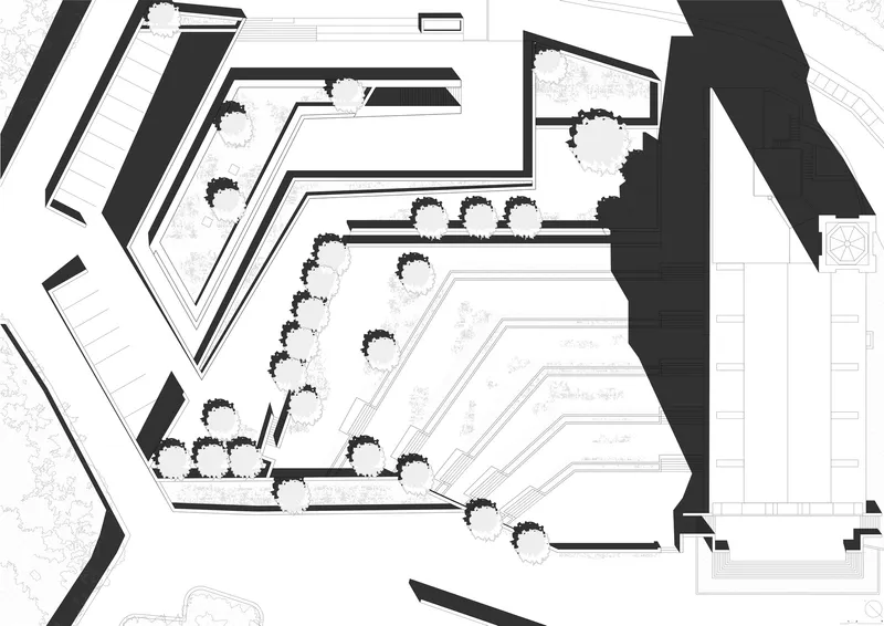 Site plan drawing showing angular volumes and a row of trees along a sloped entry