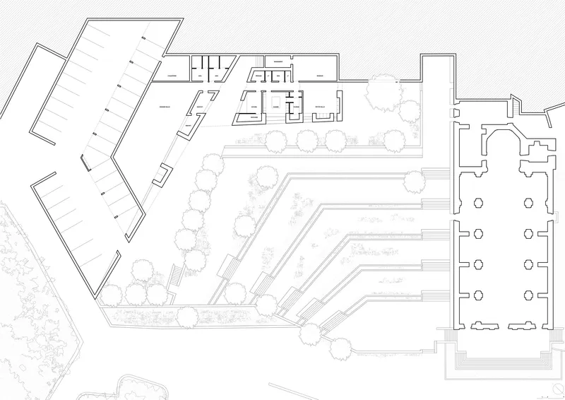 Floor plan drawing showing interior rooms alongside a tree-lined terrace and historic church hall