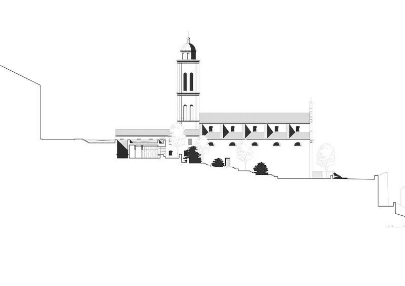 Elevation drawing showing the church tower and adjacent structure on a sloped site with trees