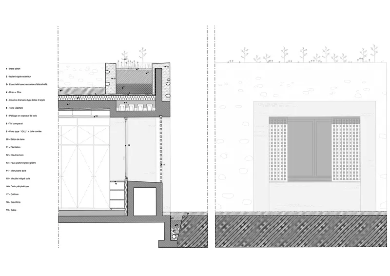 Construction detail section drawing showing layered roof assembly with planted bed and waterproofing system