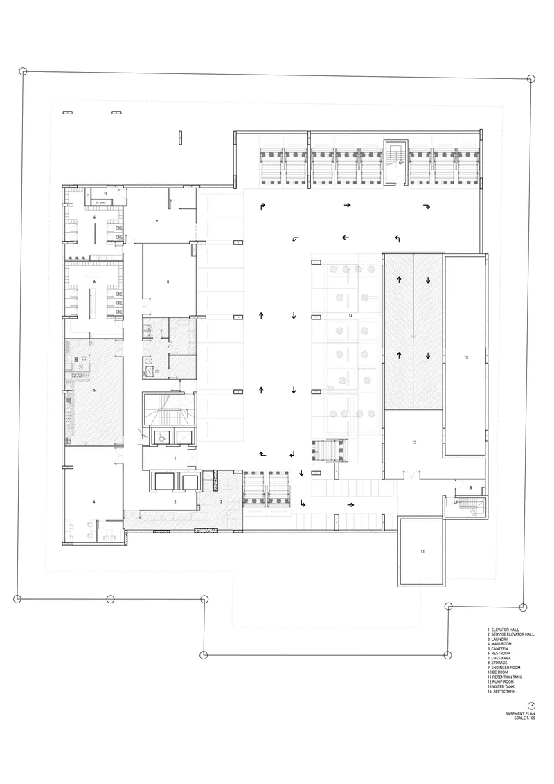 Ground floor plan showing central open courtyard surrounded by service and support spaces