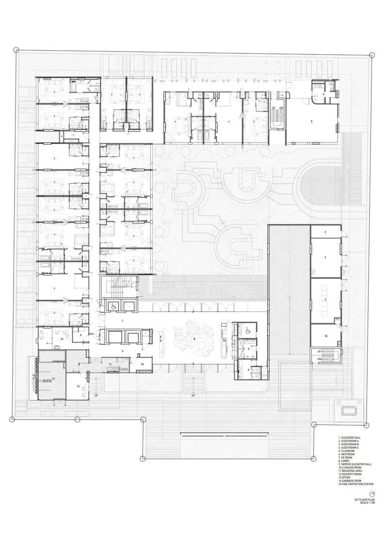 First floor plan showing curvilinear pool forms within a landscaped courtyard
