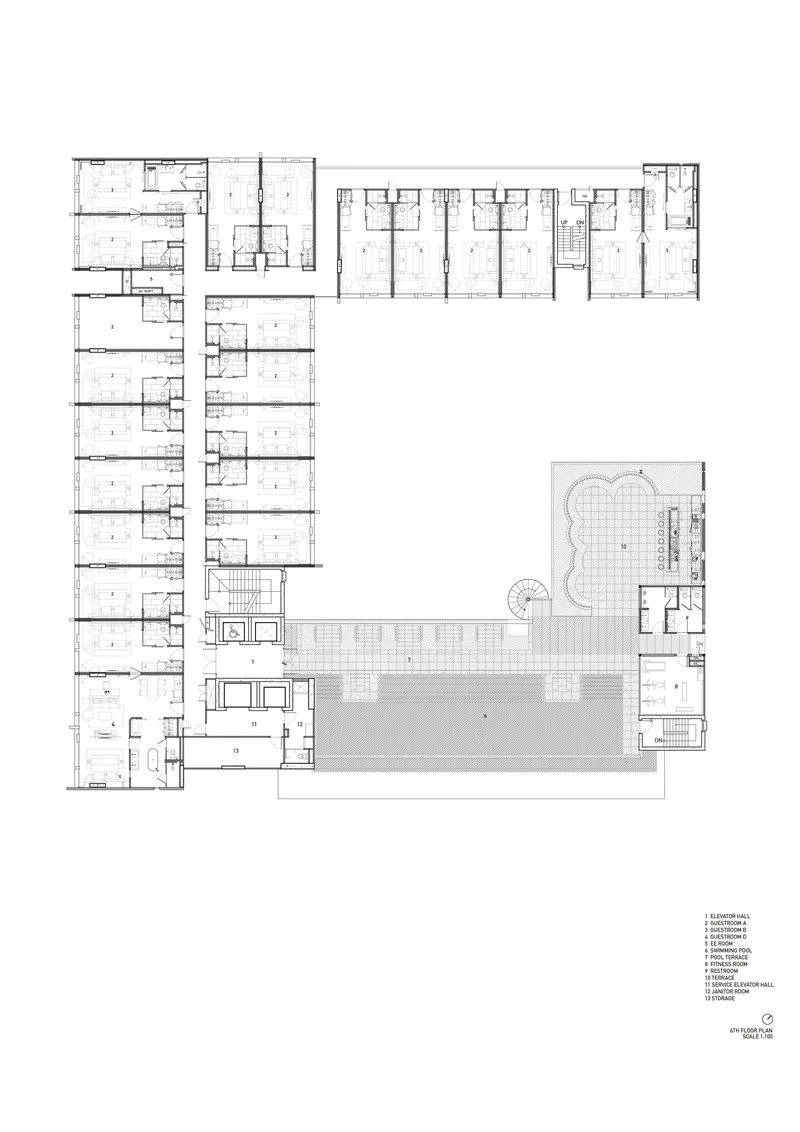Second floor plan drawing highlighting rooftop pool and terrace overlooking the central court