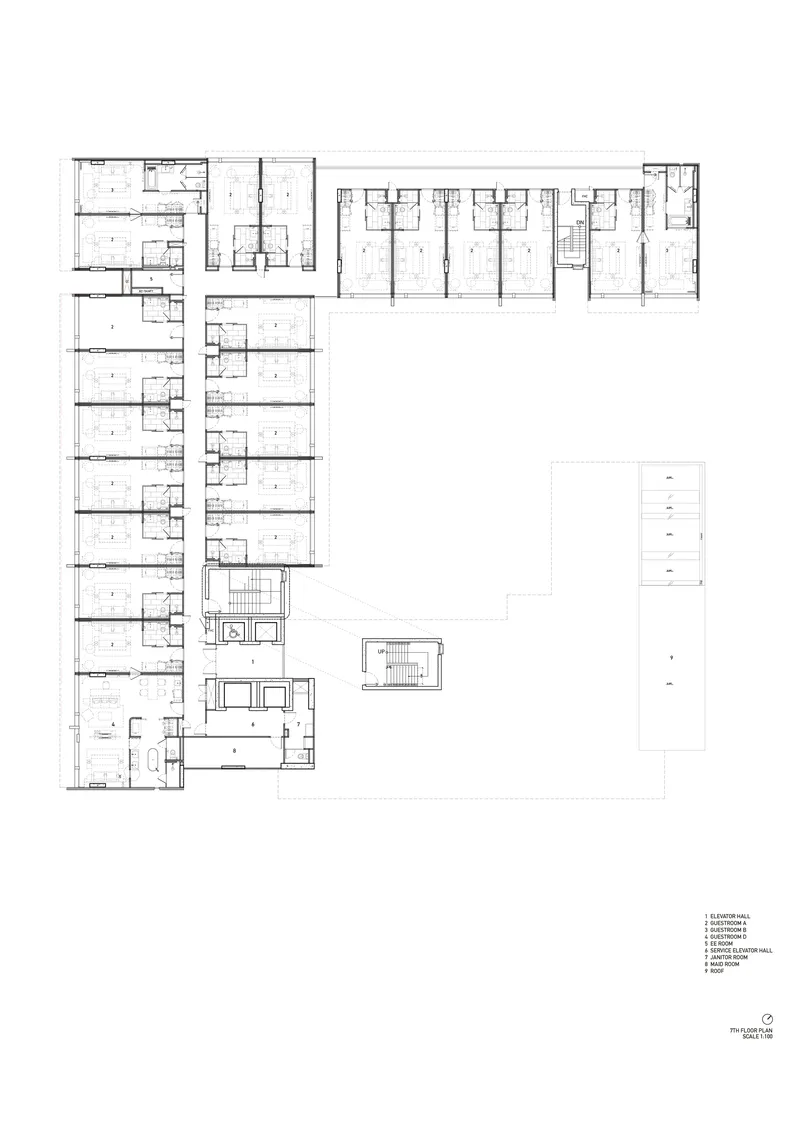 Roof plan drawing showing linear building volumes and upper level outdoor spaces