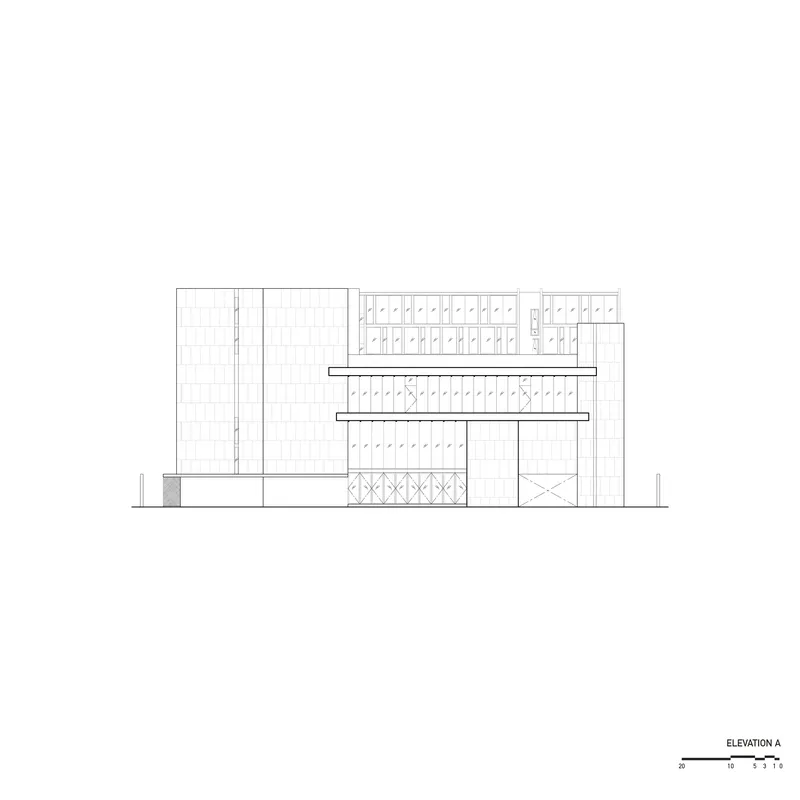 Elevation drawing showing tiled facade with horizontal louvers and recessed openings