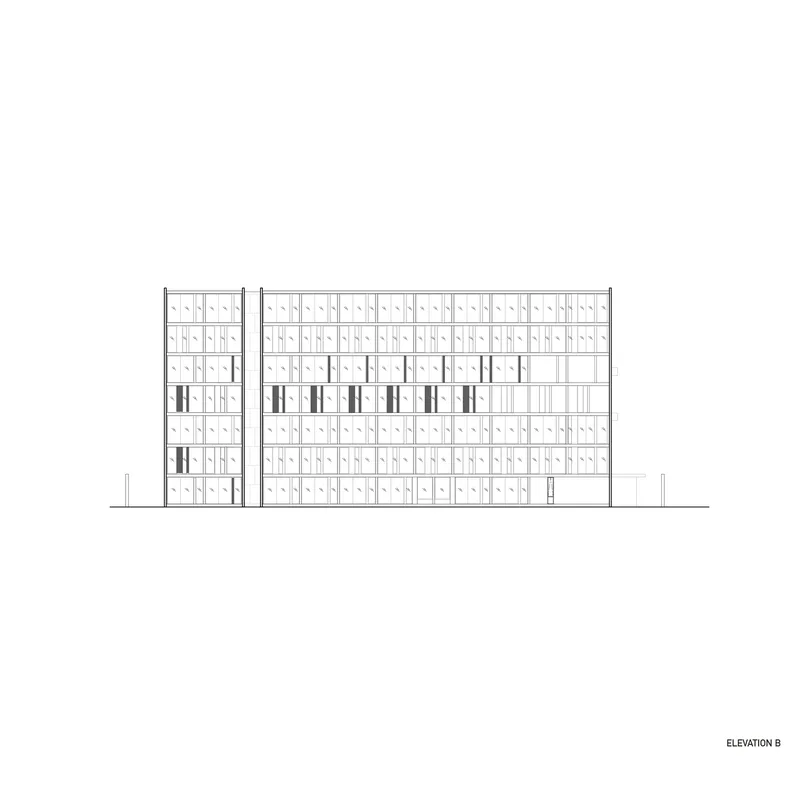 Elevation drawing showing multi-story facade with grid pattern and vertical window bands