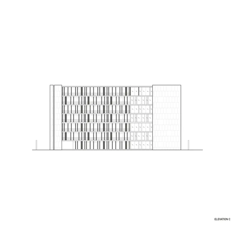 Elevation drawing showing a multistory facade with vertical window bays and patterned cladding panels