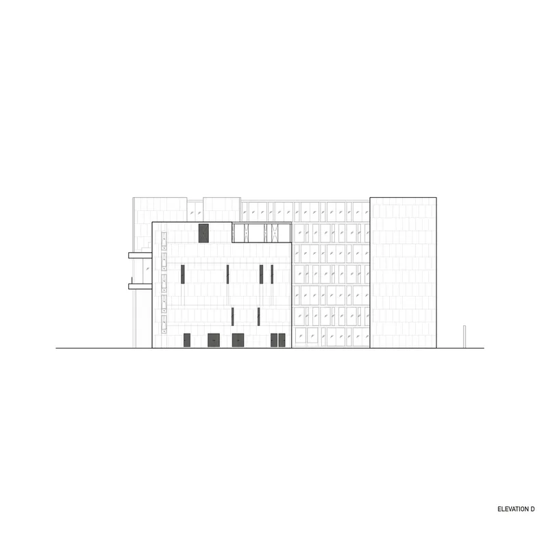 Elevation drawing depicting a facade composition with open loggias and gridded screening elements