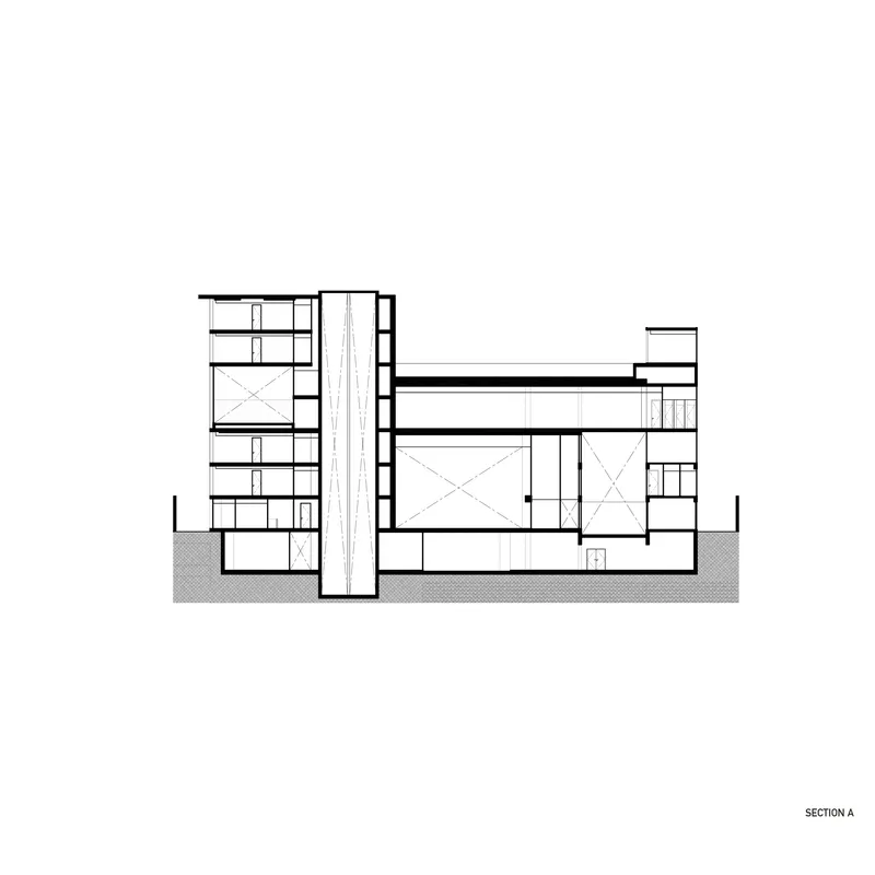 Section drawing showing a multistory tower adjacent to lower horizontal volumes at grade