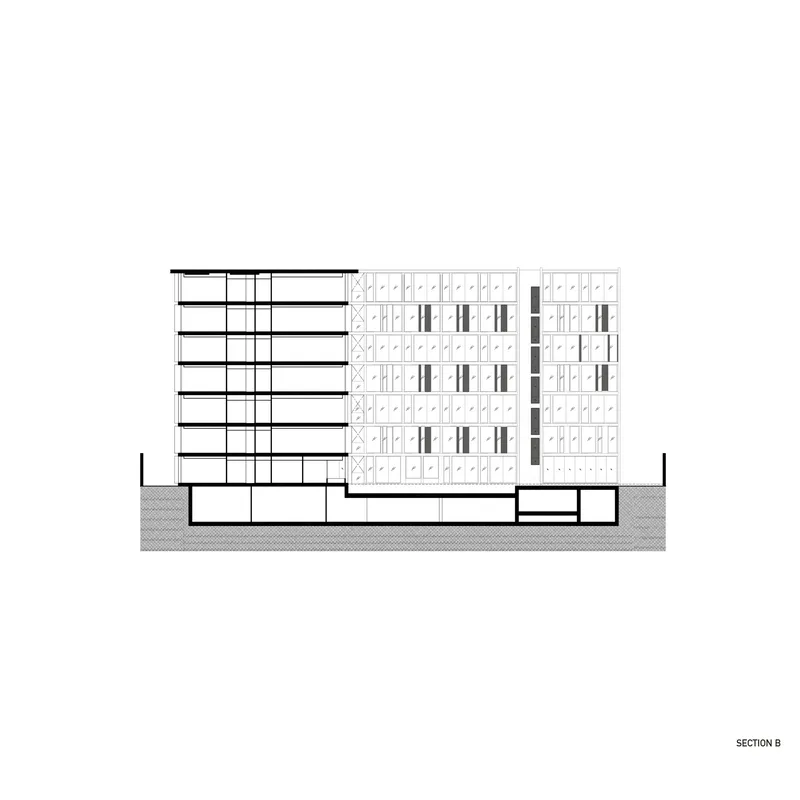Section drawing revealing a seven-story volume with open floor plates next to taller towers