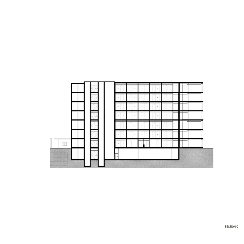 Section drawing cutting through a slender tower and wide gridded structure with uniform floors