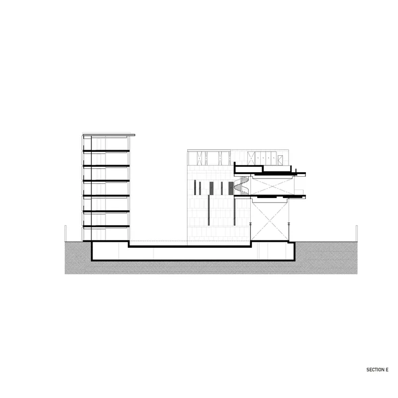 Section drawing showing a multi-story tower with open floors connected to a lower horizontal volume and below-grade spaces