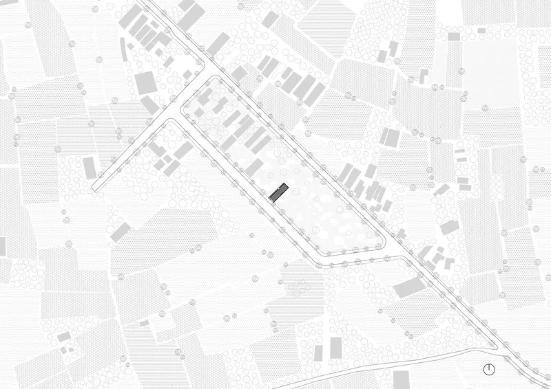 Site plan drawing showing a single structure within a triangular plot