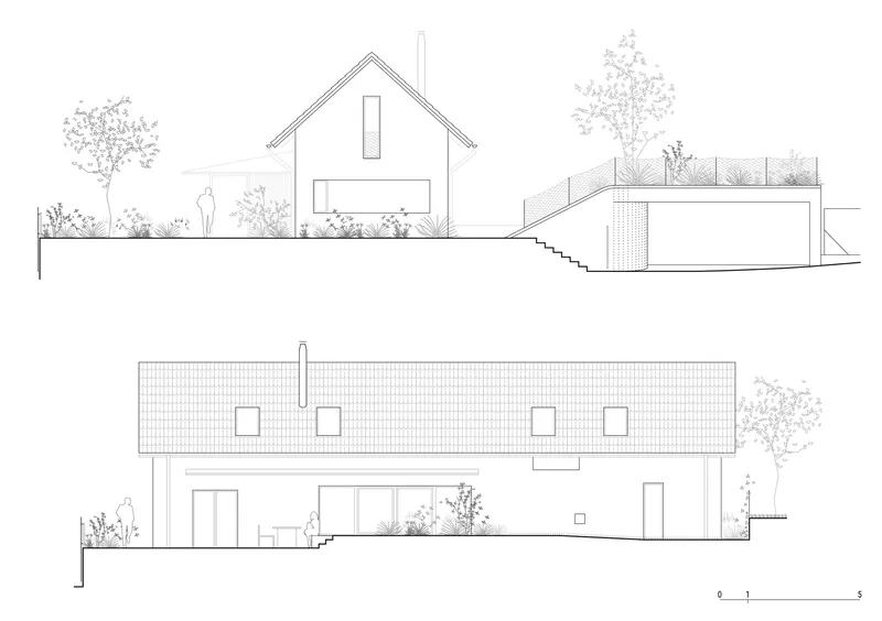 Elevation drawings showing a gabled house and a flat-roofed volume with green roof and planted surroundings