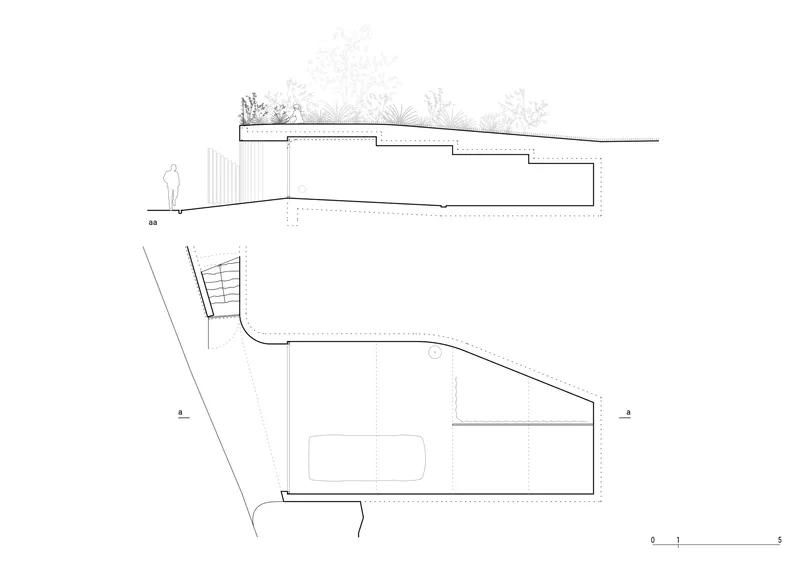 Section drawings revealing a stepped interior with a green roof and sloped ceiling above ground