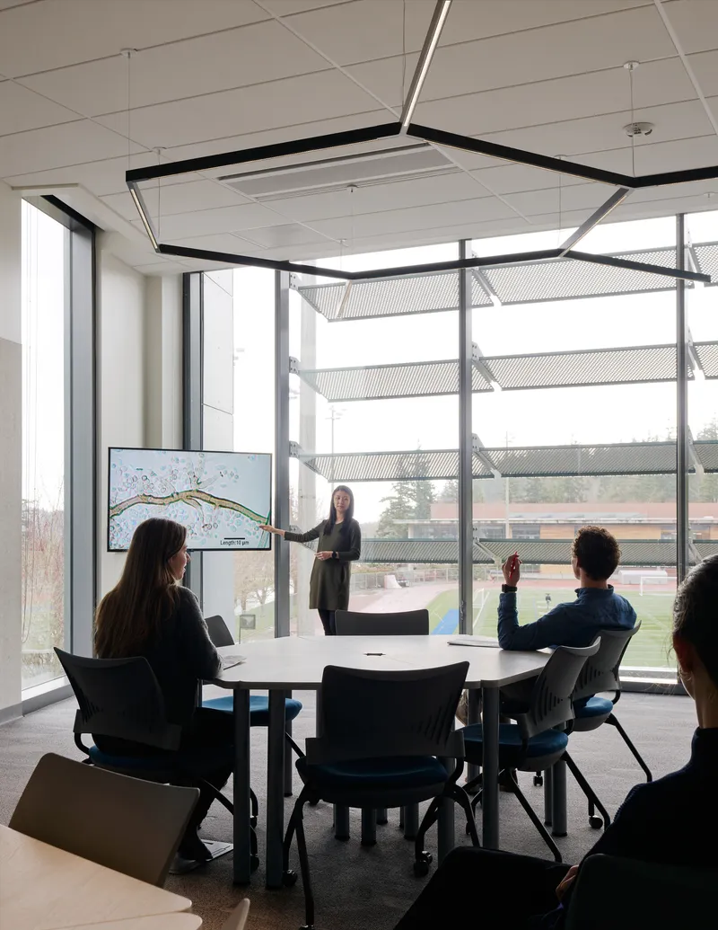Meeting room with hexagonal table and perforated metal exterior shading visible through floor-to-ceiling windows
