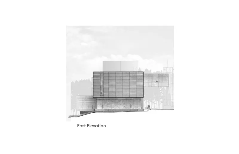 East elevation drawing depicting stacked volumes with horizontal louvers and figures among trees