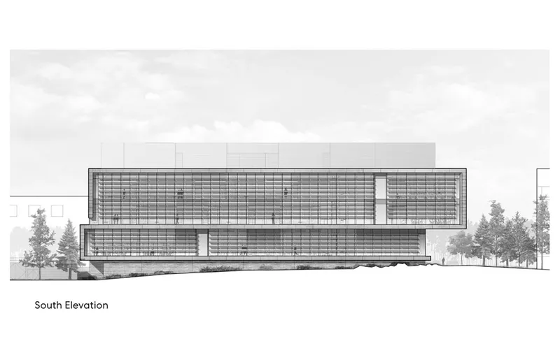 South elevation drawing illustrating offset volumes with horizontal screening and landscape at grade