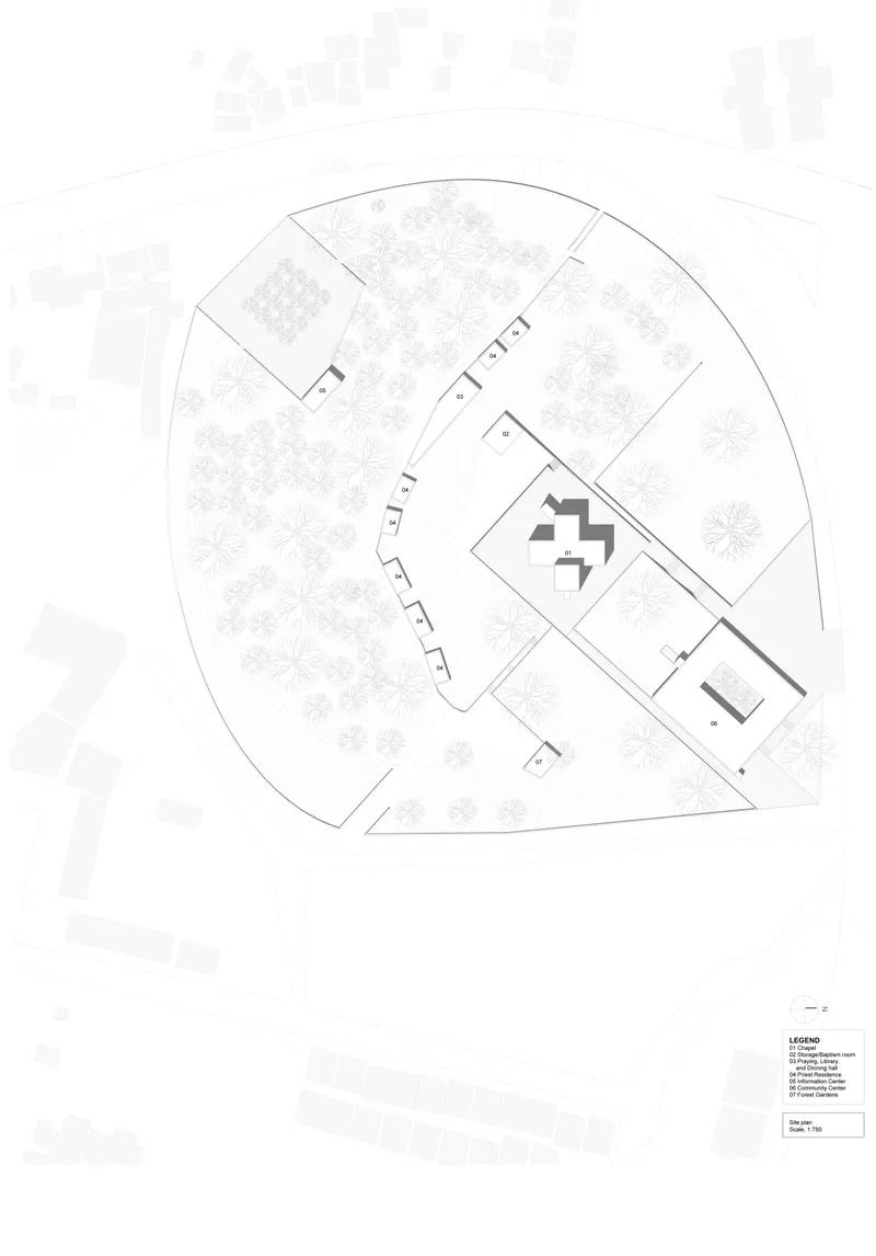 Site plan showing the chapel as a central mediator between community spaces, priest residences, and forest gardens.