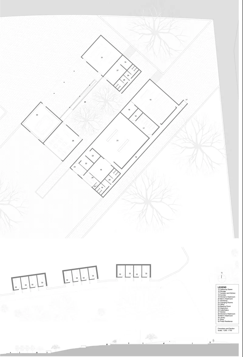 Community centre plan arranged around gathering, dining, library, kitchen, café, and support functions.