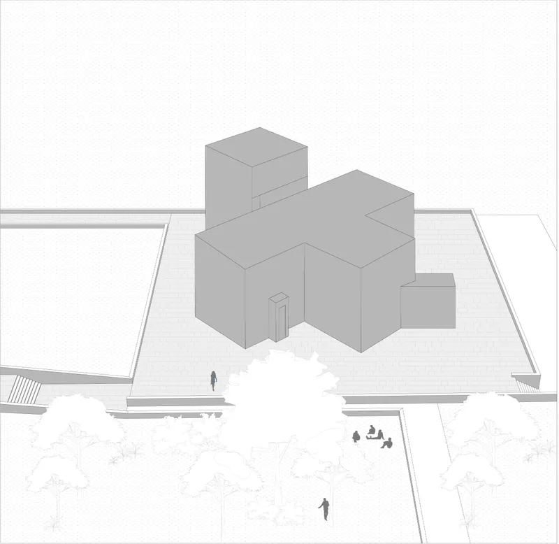 Axonometric view of the chapel’s solid sacred form set within a raised forest courtyard.