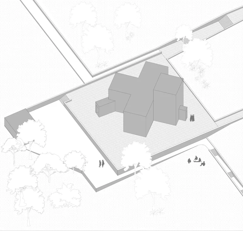 Chapel massing framed by pathways, trees, and open spaces that connect worship with the surrounding landscape.