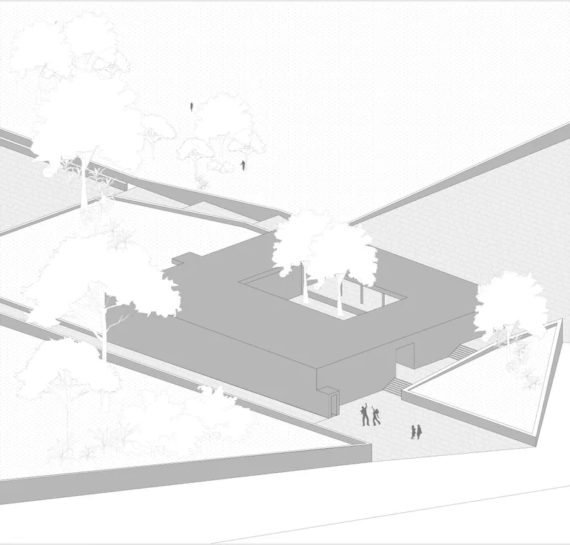Forest-integrated community centre designed around courtyards, circulation routes, and shaded gathering spaces.