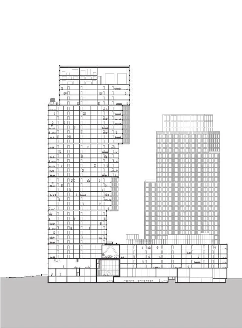 Section drawing depicting two tall tower volumes with a low-rise connecting structure at the base