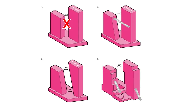 Axonometric diagram sequence showing four stages of massing rotation and interlocking between paired tower forms