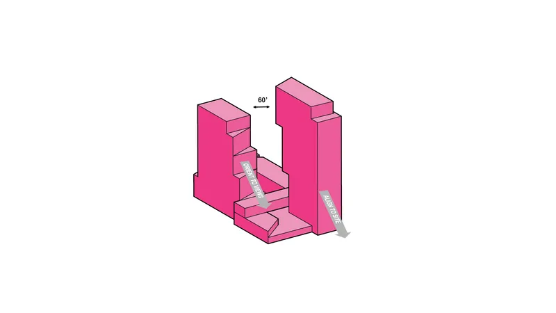 Isometric view in magenta showing stepped tower forms with a connecting bridge and angular sun path