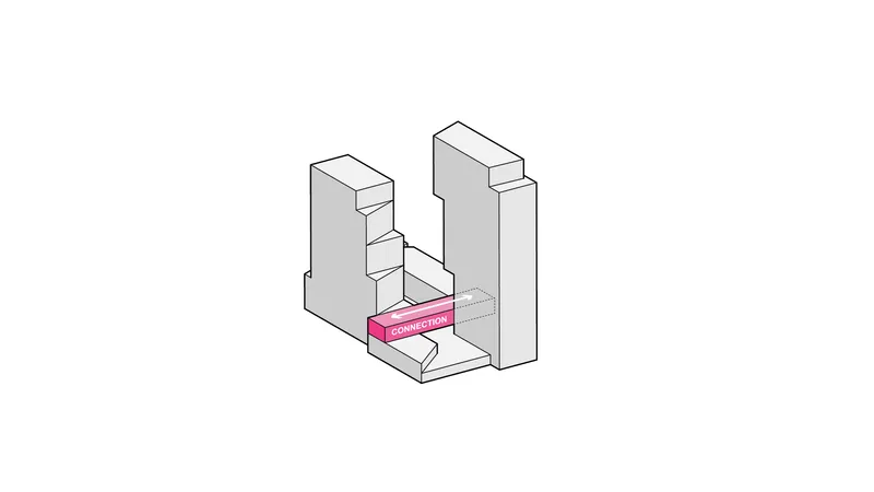 Isometric drawing highlighting a circulation connector in pink between two gray stepped tower volumes