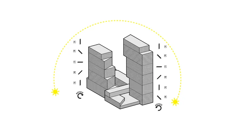 Diagram illustrating sun path arc with icons and shadow patterns across the stepped tower massing