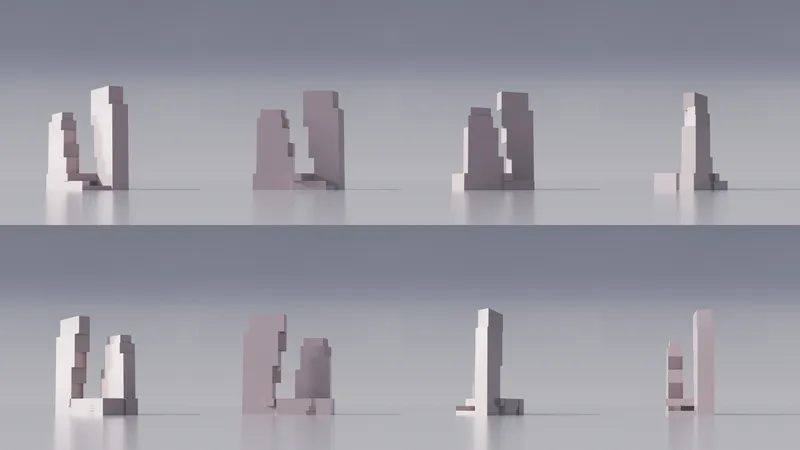 Elevation studies showing eight massing variations of vertical forms with setbacks and offset volumes