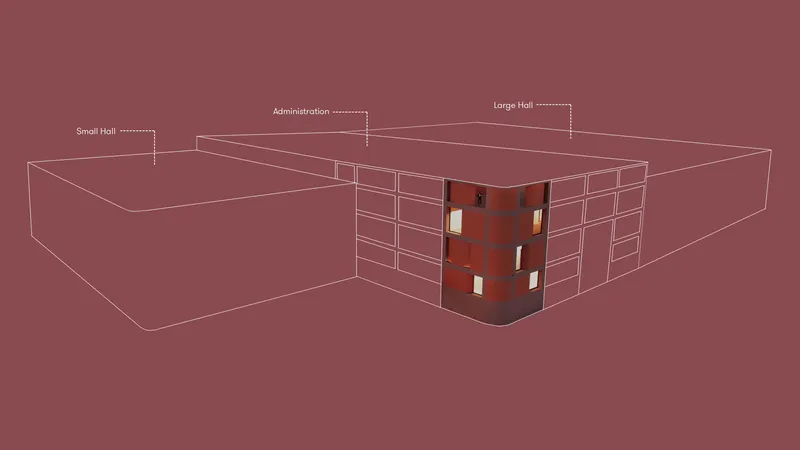 Axonometric drawing showing three linked hall volumes with illuminated corner glazing at their junction