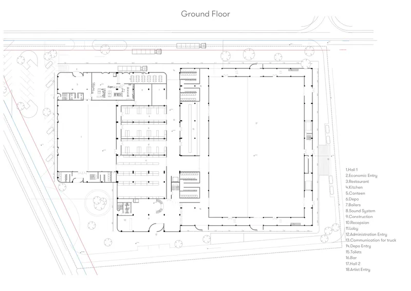 Ground floor plan drawing showing two large halls flanking central administration and service zones