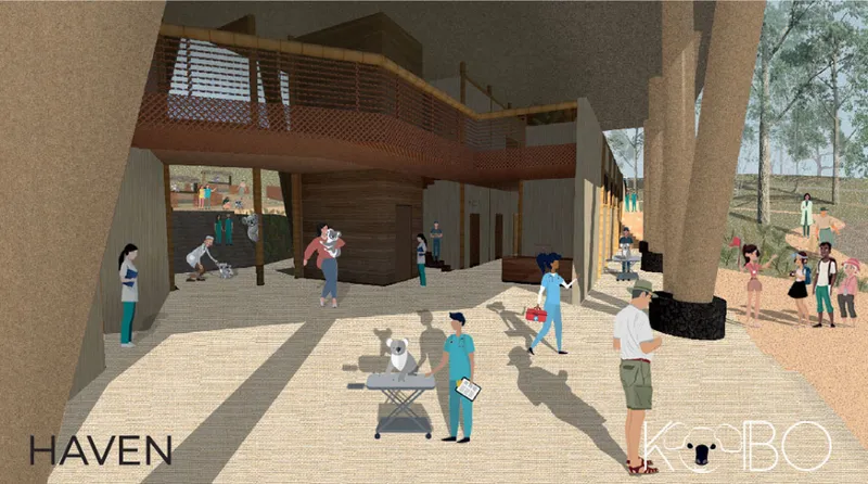 Open rehabilitation courtyard designed to connect visitors, caretakers, and koalas through sustainable architecture.