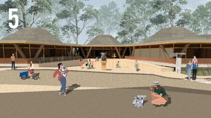 Hexagonal bamboo pavilions create a wildlife-centered public space integrated within the eucalyptus landscape.