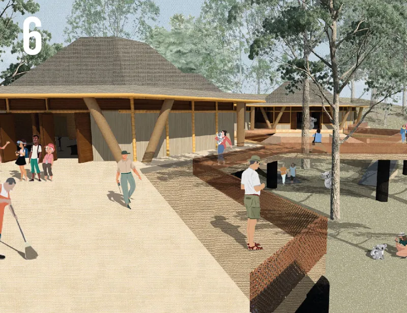 Elevated walkways and open-air circulation preserve the terrain while supporting koala rehabilitation zones.
