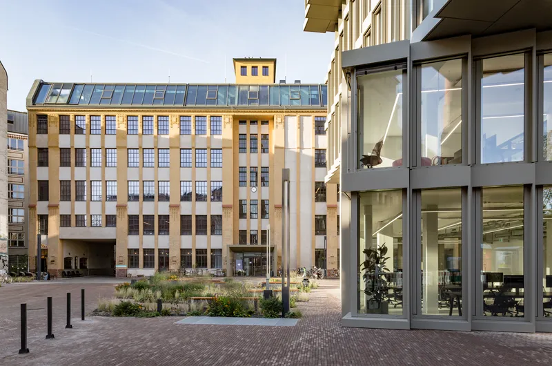 Ground-level view from the courtyard showing glazed office interior and landscaped planters