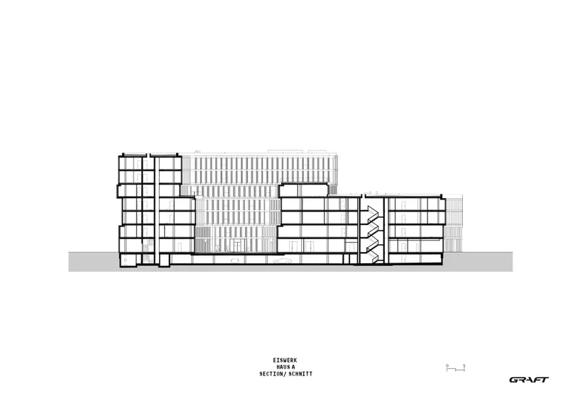 Section drawing showing the varying heights of residential towers connected by a mid-rise office block