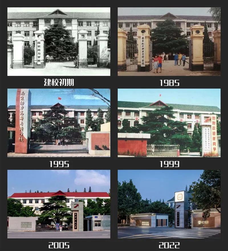 Six archival photographs documenting the evolution of the campus entrance gates and facade from initial construction through 2022