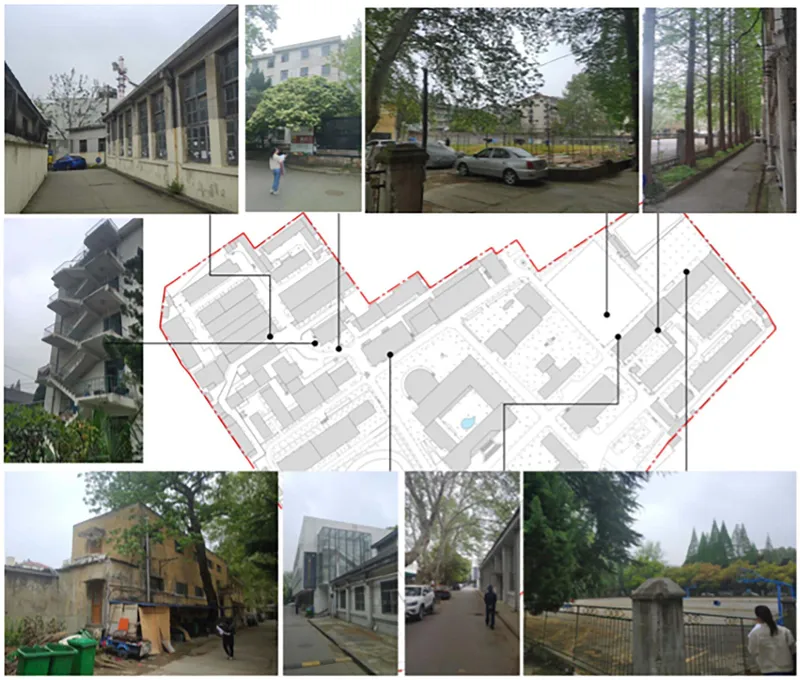 Site plan drawing surrounded by photographs of existing campus buildings, parking areas, pedestrian pathways and landscaped zones