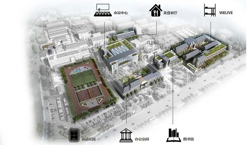 Axonometric rendering showing the proposed campus layout with new green roofs, athletic fields and programmatic zones labeled