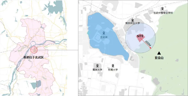Site map showing the project location marked in pink within a radius near a lake and green space