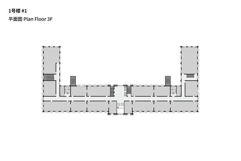 Third floor plan with reduced footprint showing elongated bar wings and central vertical circulation elements