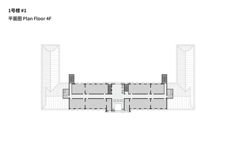 Fourth floor plan revealing sloped roof structures over corner towers and a compressed central bar