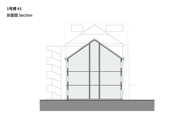 Section drawing through the central gabled volume showing three internal floor levels