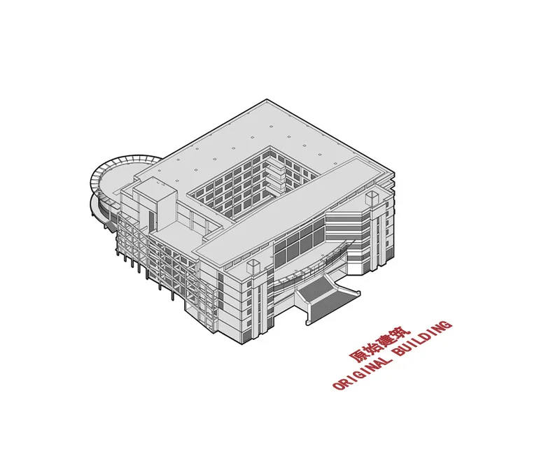 Isometric drawing of the complete building showing central courtyard and surrounding envelope