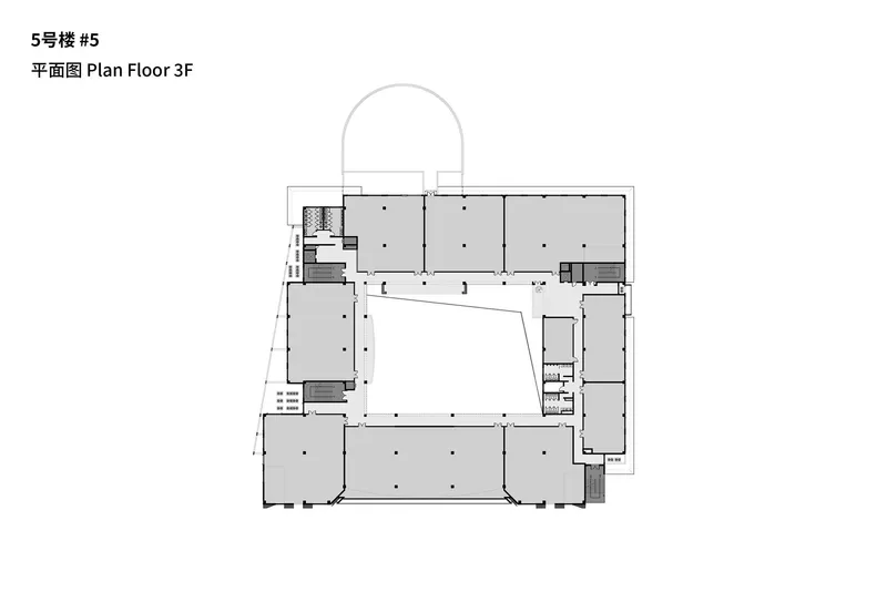 Third floor plan drawing showing perimeter rooms surrounding a large central atrium space with curved volume above